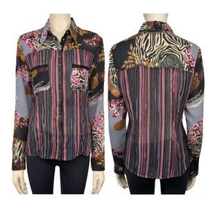 LE CAVIAR Y2K Shirt Floral Striped Print Studded Multicolor‎ Black Pink blouse S